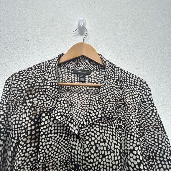 Style & Co Women's NWT 2X Black Polka Dot Button Up Nylon 3/4 Sleeve Top - Picture 5 of 13